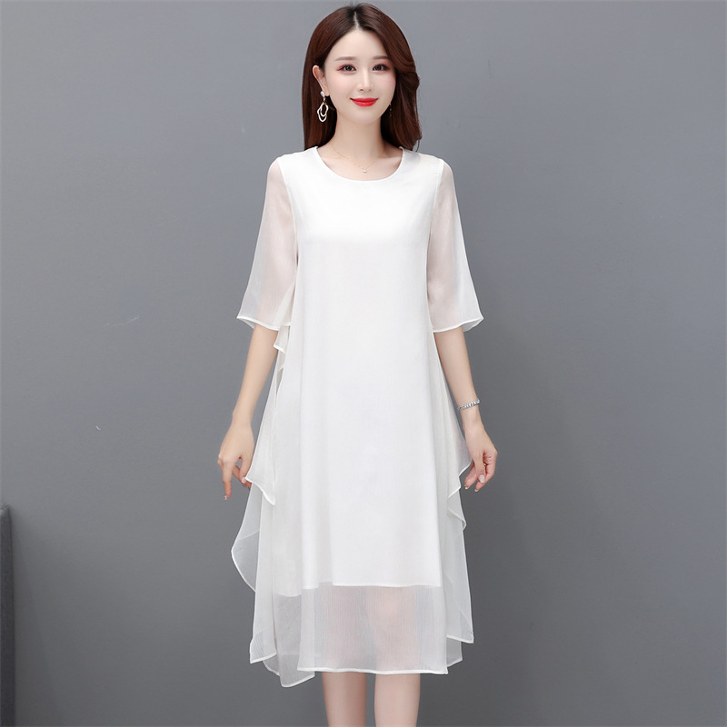 Womens Solid-color Chiffon Ruffled Flounce Dress