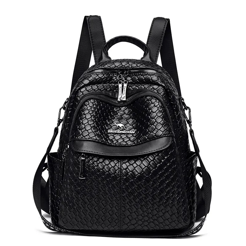 Women's Soft Leather Large Capacity Travel Backpack - Black