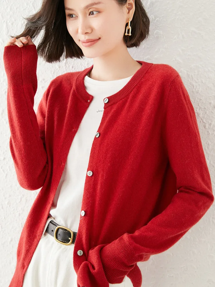 Knitted Pure Wool Round Neck Plain Sweater - Red