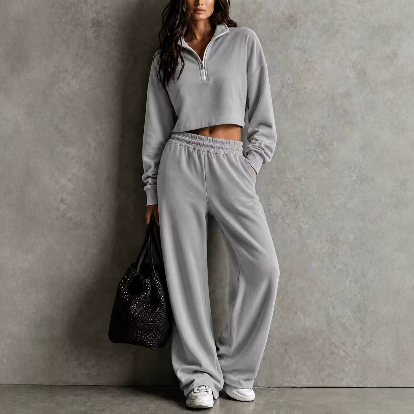 Womens Loose-fitting Half-zip Top And Wide-leg Pants Set 3