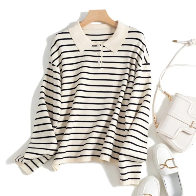 Women's Niche Loose Casual Striped Bottoming Shirt Knitted Sweater Apricot - Shop at LoveMi
