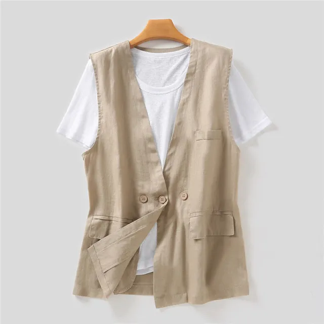 Japanese Style Vest Jacket Loose Casual Cotton Top Khaki - Shop at LoveMi