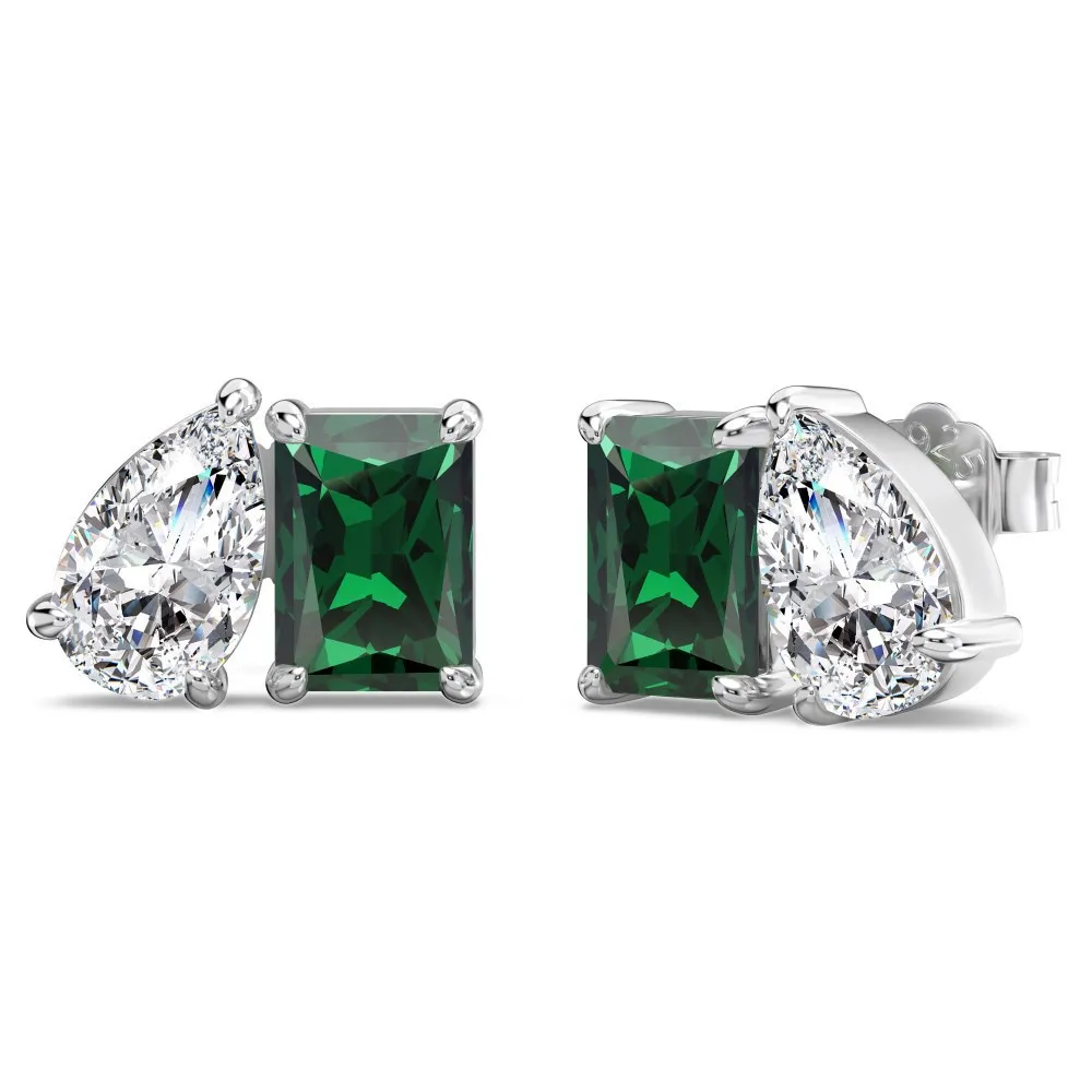 Beautiful 925 Sterling Silver Ornament Emerald Cut Square Ring - Platinum Green Diamond