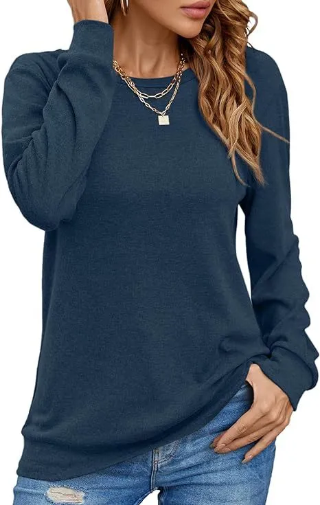 European And American Style Women Long Sleeve Shirt Solid Color Round Neck Coat Navy - Shop at LoveMi