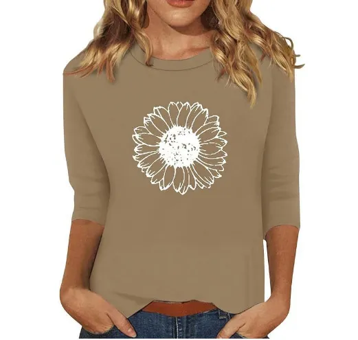 New Women's Clothing Round Neck 34 Sleeves Loose Print T shirt 0068 - Shop at LoveMi