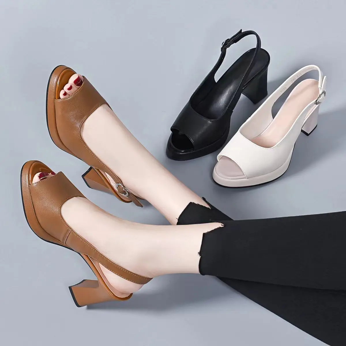 Genuine Leather Wedge Sandals With Thick Soles Chunky Heels Soft Leather And A Strap-and-buckle Design