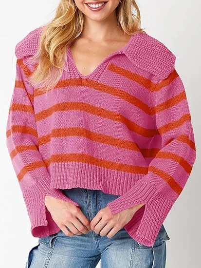 V neck Large Lapel Short Knitted Women's Top Rose Red - Shop at LoveMi