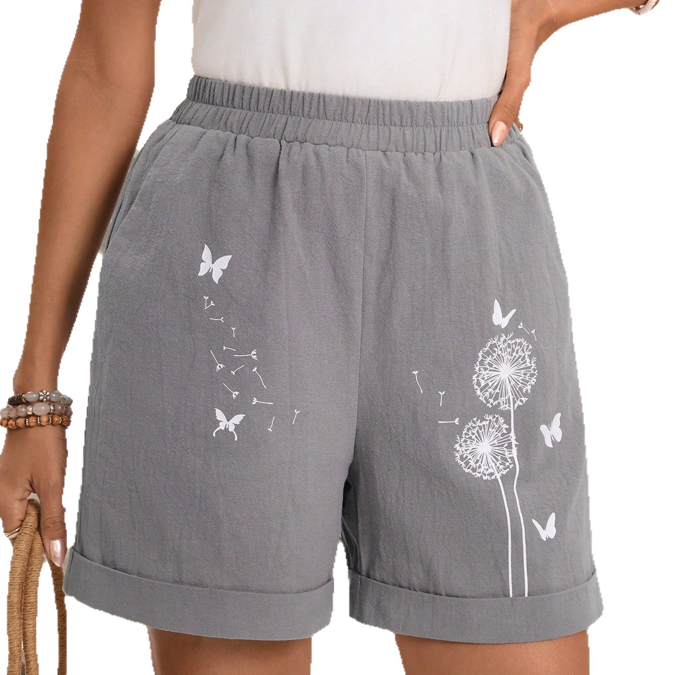 High-waisted Cotton-Linen Shorts With Dandelion Print And Pockets For Women