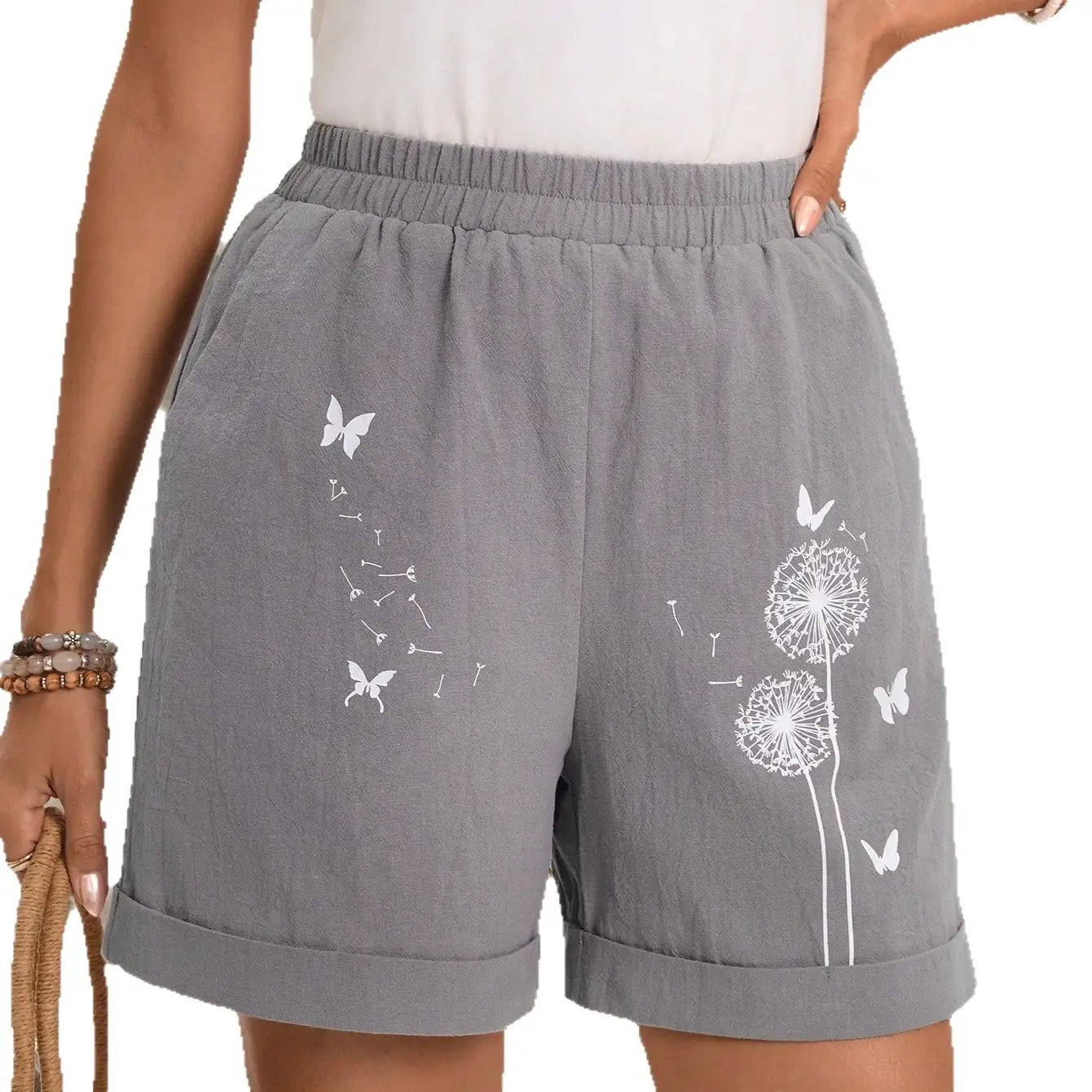 High-waisted Cotton-Linen Shorts With Dandelion Print And Pockets For Women