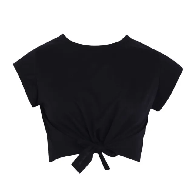 European And American Simple Short sleeved Bow Lace up Navel T shirt Short Top Black - Shop at LoveMi