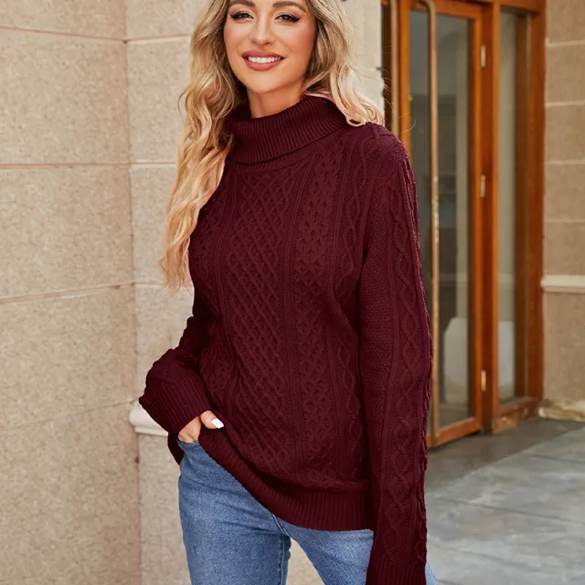 Women's Solid Color Knitted Turtleneck Twist Sweater Wine Red - Shop at LoveMi