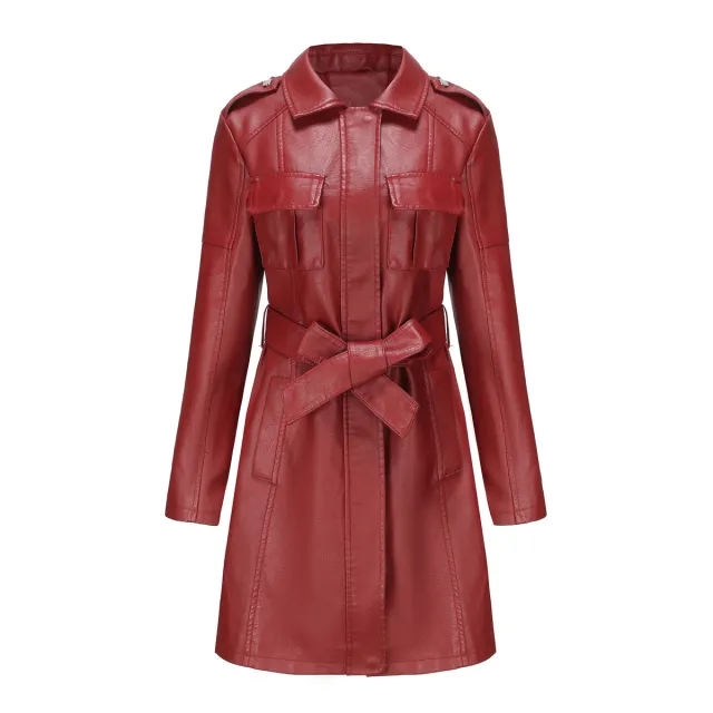 New European And American style Mid length Leather Coat With Belt Fashion British Coat For Women Wine - Shop at LoveMi