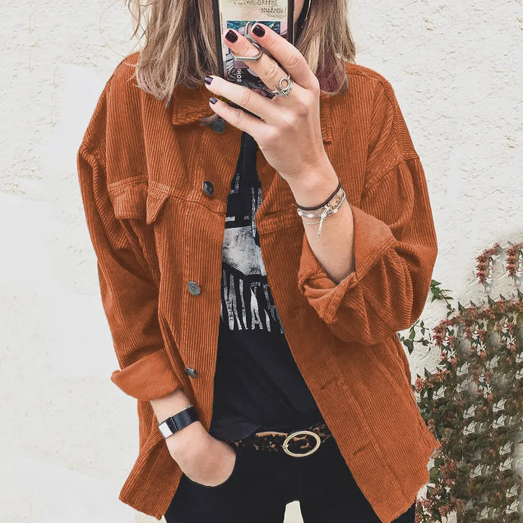 Autumn Corduroy Button Cardigan Long Sleeve Lapel Loose Thick Shirt For Women - Orange