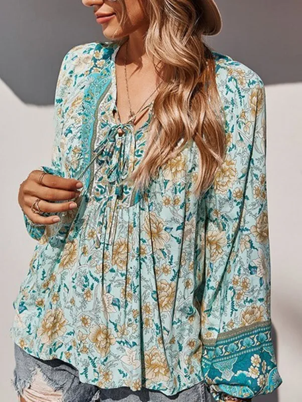 Women's V-neck Printed Casual Loose Thin Women's T-shirt - Green