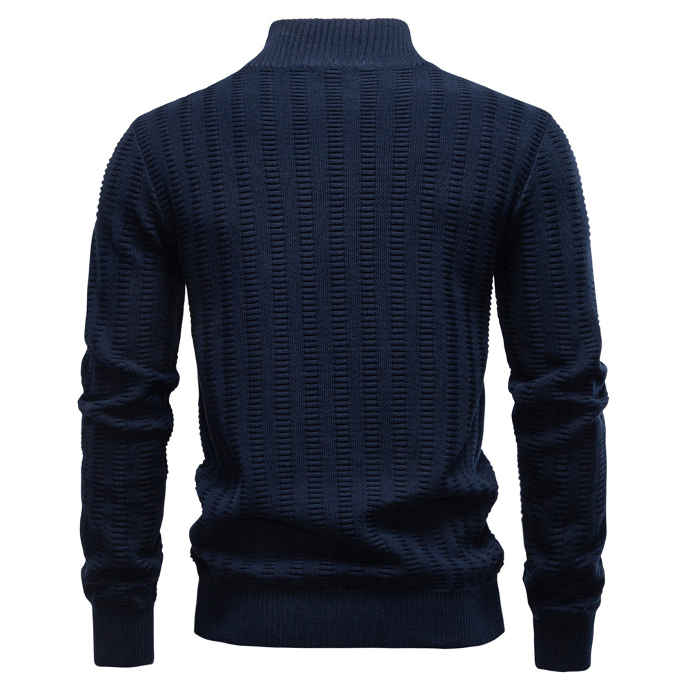 Mens Striped Jacquard Sweater With Half Zip And Stand Collar