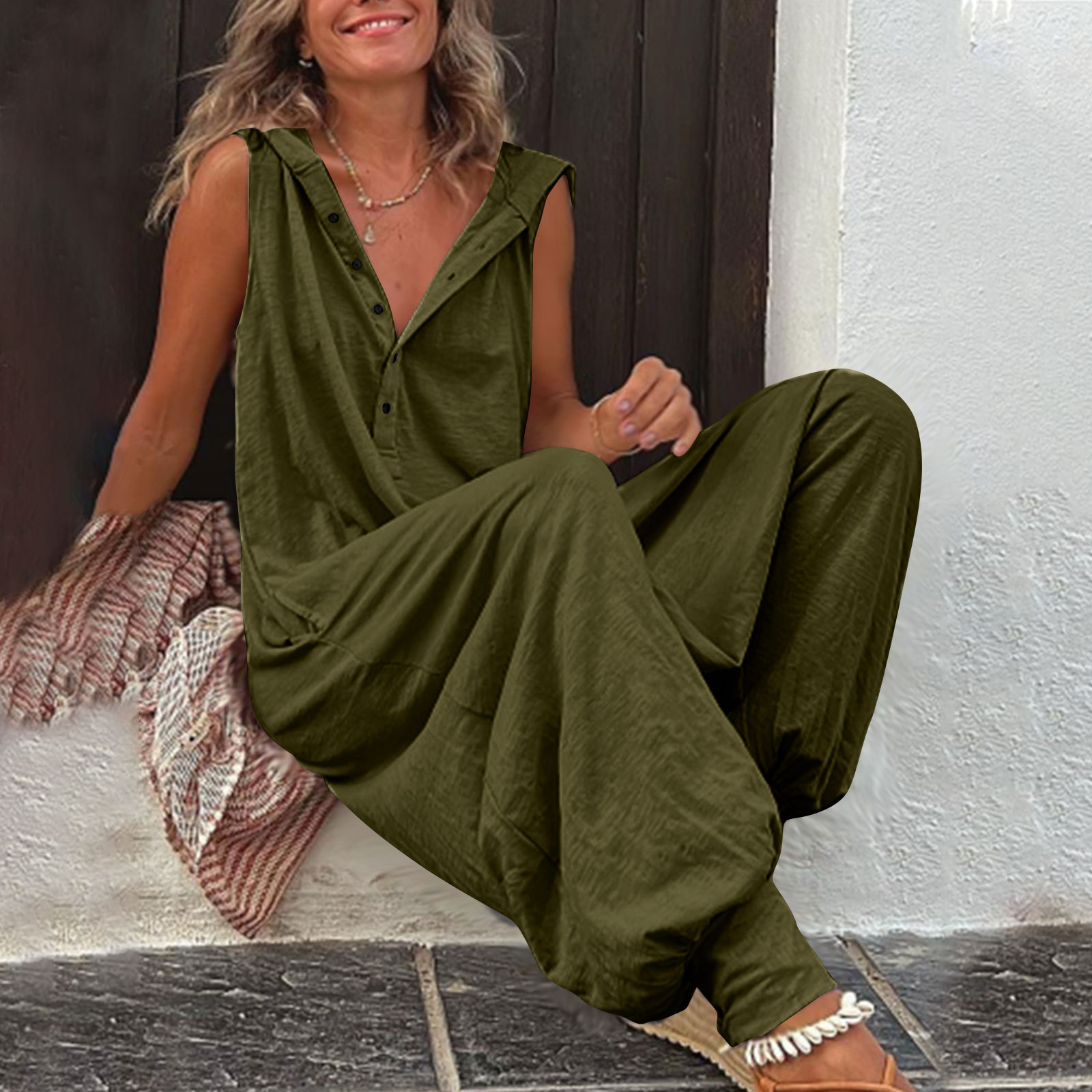 Women’s sleeveless hooded relaxed fit jumpsuit in multiple colors