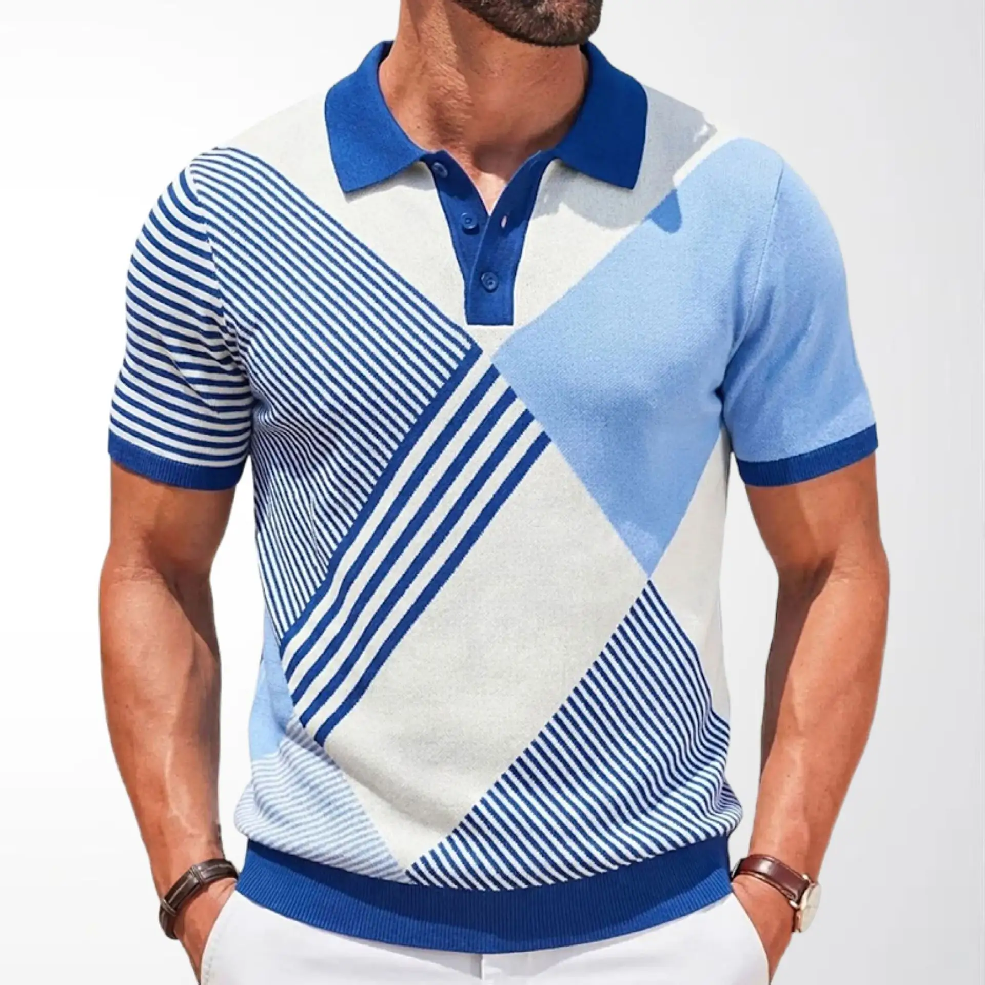 Mens Color-Block Casual Short-Sleeve Top