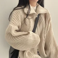Idle Style Lapel Double-headed Zipper Design Loose All-match Long Sleeve - Beige Apricot - View 1