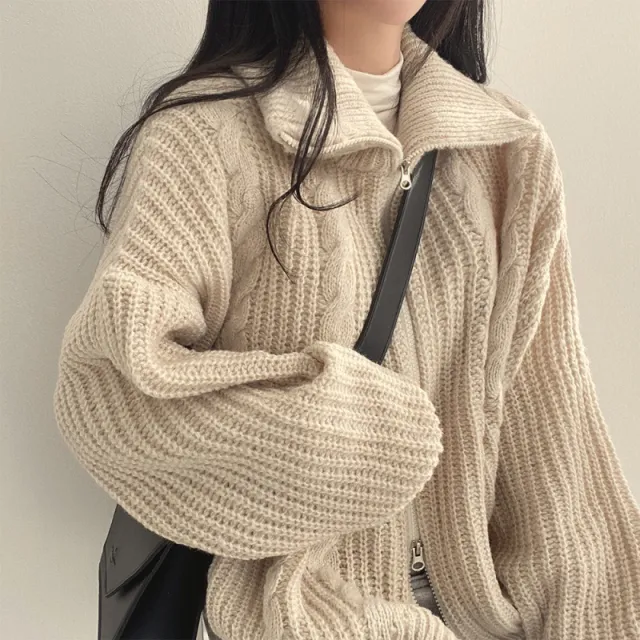 Idle Style Lapel Double headed Zipper Design Loose All match Long Sleeve Beige Apricot - Shop at LoveMi