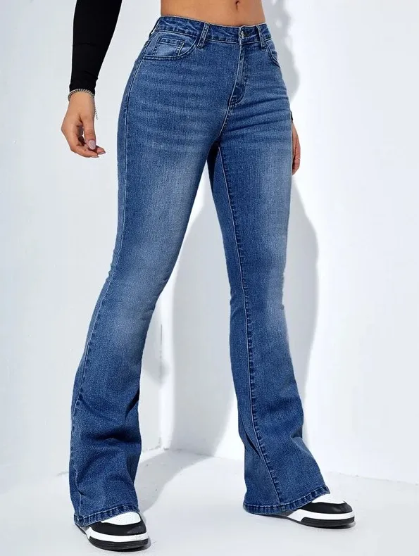 Women's Slim fit Jeans Pants With Flared Design Fashion Casual High Waist Stretch Trousers Blue - Shop at LoveMi