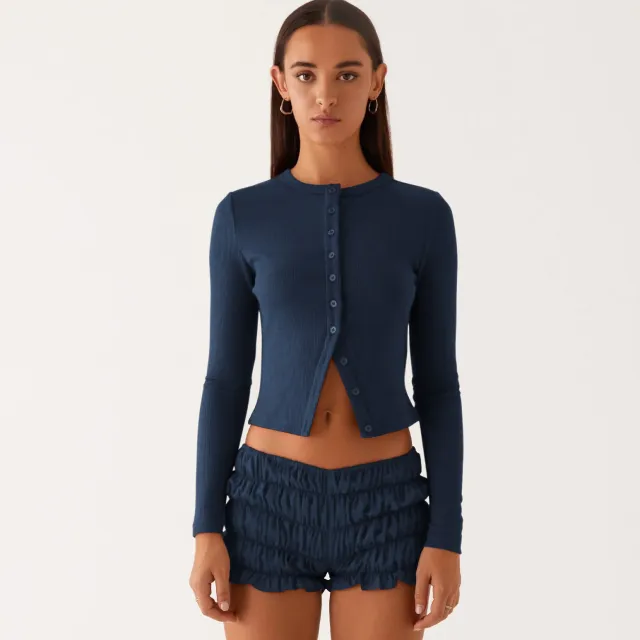 New Solid Color Slim fit High grade Long Button Cardigan Top Blue - Shop at LoveMi
