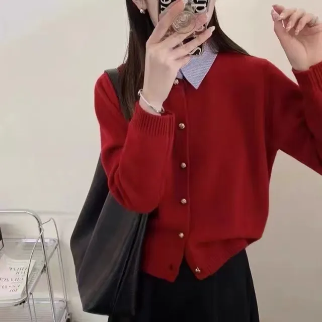 Temperament Commute Korean Style Shirt Collar Single breasted Knitted Cardigan Sweater Red - Shop at LoveMi