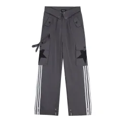 Women's Flanging Overalls Striped All-matching Straight Loose Trousers - Dark Gray - View 1