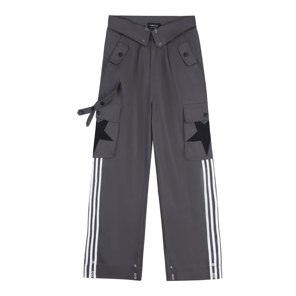 Women's Flanging Overalls Striped All-matching Straight Loose Trousers - Dark Gray