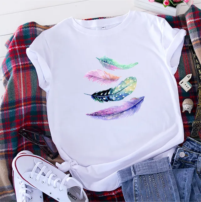 European And American Color Feather Printed Cotton Short sleeved T shirt White - Shop at LoveMi