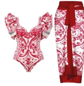 Fashion Trend Women's Printed Wear One-piece Suit Swimsuit - Red