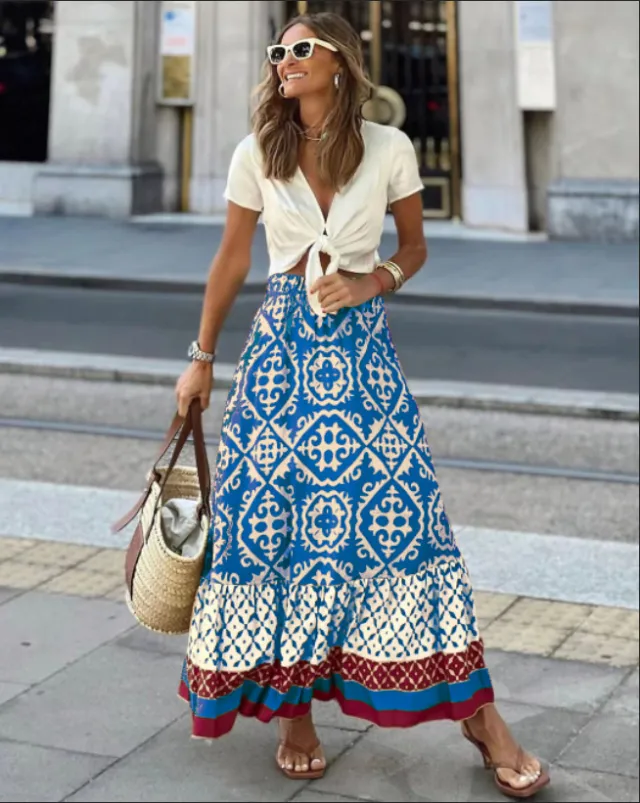 European American Summer New Printed Loose Stitching Large Swing Skirt Blue - Shop at LoveMi