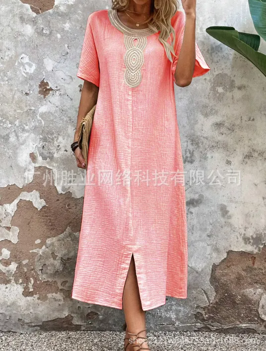 Round Neck Ruffled Short Sleeves Pure Cotton And Linen Slit Loose Dress Pink - Shop at LoveMi
