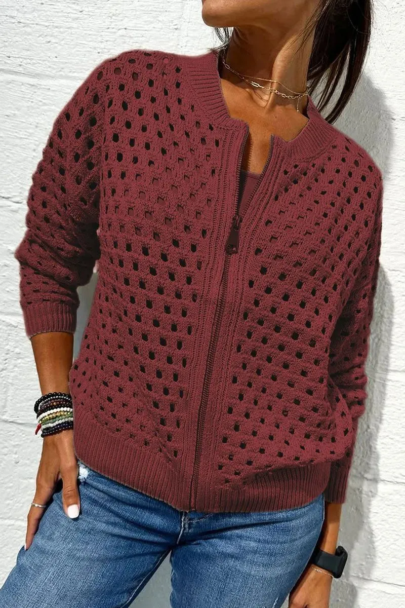 European And American Leisure Hollow Knitted Zipper Jacket Women's Coat - Wine Red