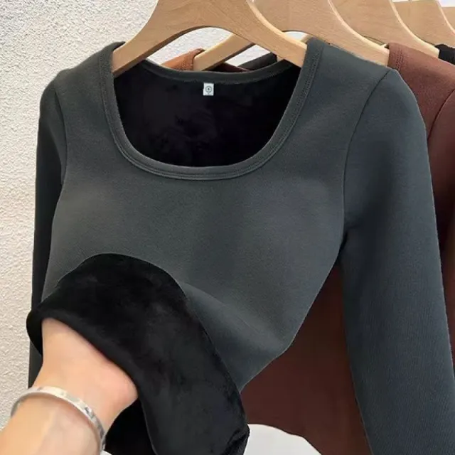 Fleece lined Square Collar Bottoming Shirt Women's Keep Warm Pure Color Slim Fit Dark Gray - Shop at LoveMi