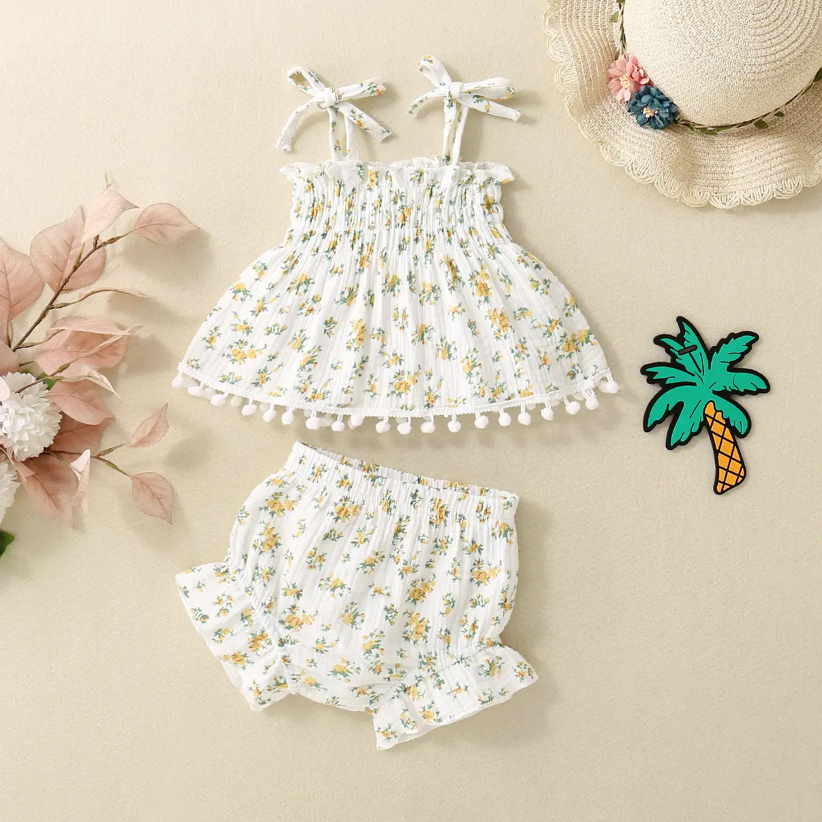 Baby Girl Cute Flowers Sling Half-length Lace Skirt Shorts Suit