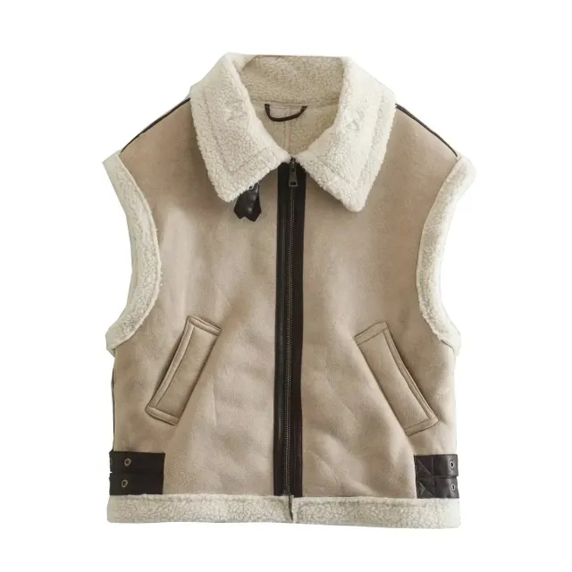 Women's Fur One piece Fleece Stitching Sleeveless Cotton Coat Vest Khaki - Shop at LoveMi