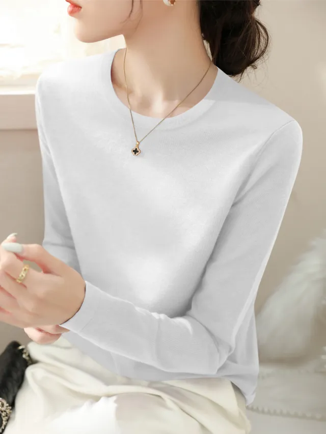 Round Neck Loose Long Sleeve Sweater White - Shop at LoveMi