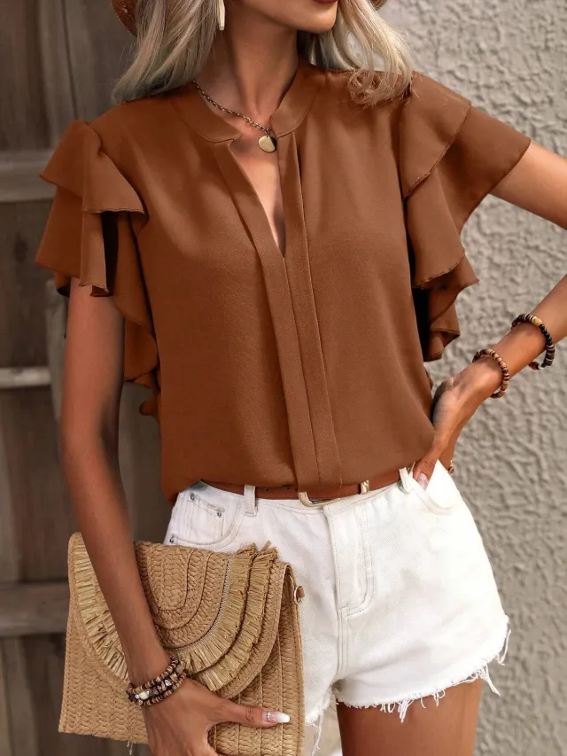 Casual Summer V neck Solid Color Shirt Top Caramel Color S - Shop at LoveMi