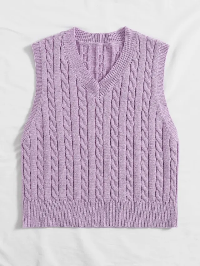 SpringSummer Knitted Cabled Vest Pullover With V Neck Purple - Shop at LoveMi
