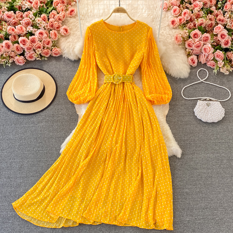 Round Neck Pleated Polka Dot Chiffon Dress Yellow - Shop at LoveMi