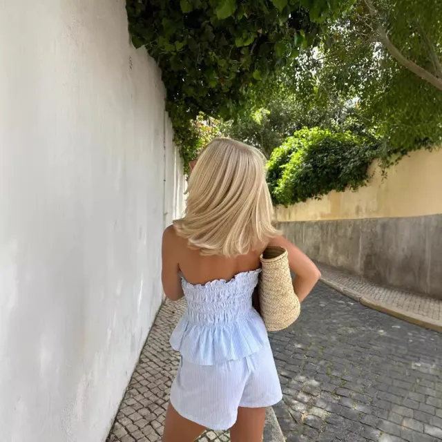 Strapless Fitted Olive Top And Shorts Set Casual Vacation Style Light Blue - Shop at LoveMi