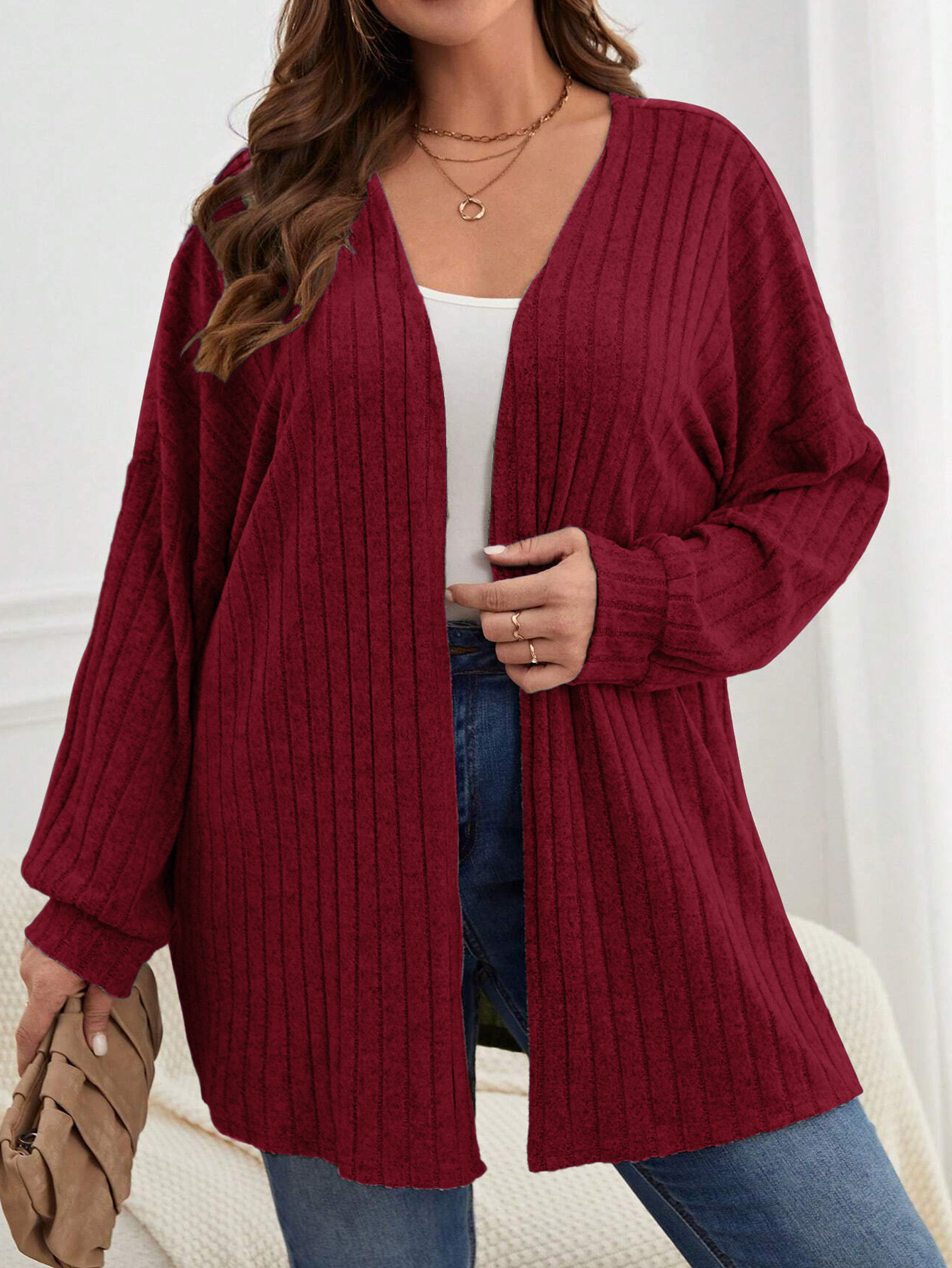 Long Sleeve Loose Midi Knitted Open Plus Size Women's Coat
