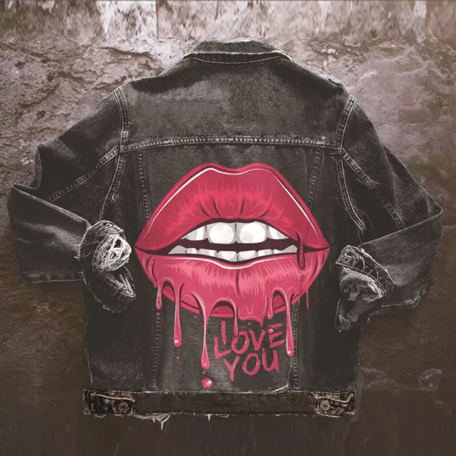 European And American Big Lips Fashion Casual Young Denim Coat Black - Shop at LoveMi