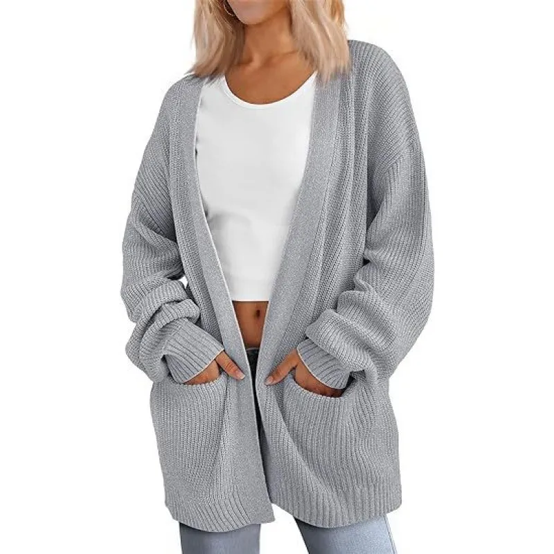 Solid Colour Loose Knitted Pocket Sweater Coat - Grey