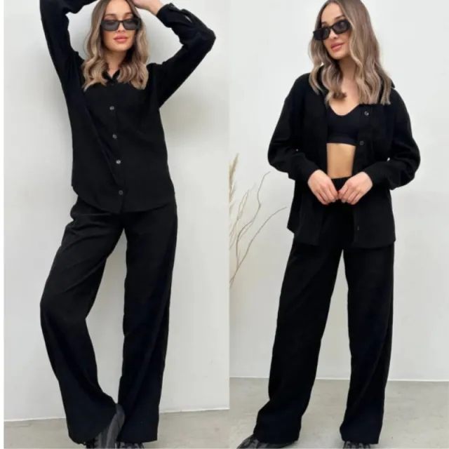 Casual Long sleeve Top And Elastic waist Pants Two piece Set Black - Shop at LoveMi