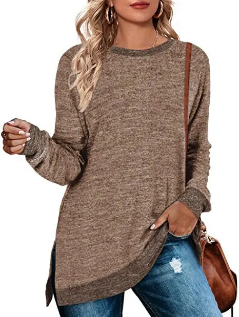 Long Sleeve Round Neck Multicolor Split Top Loose Leisure Pullover T shirt Coffee - Shop at LoveMi