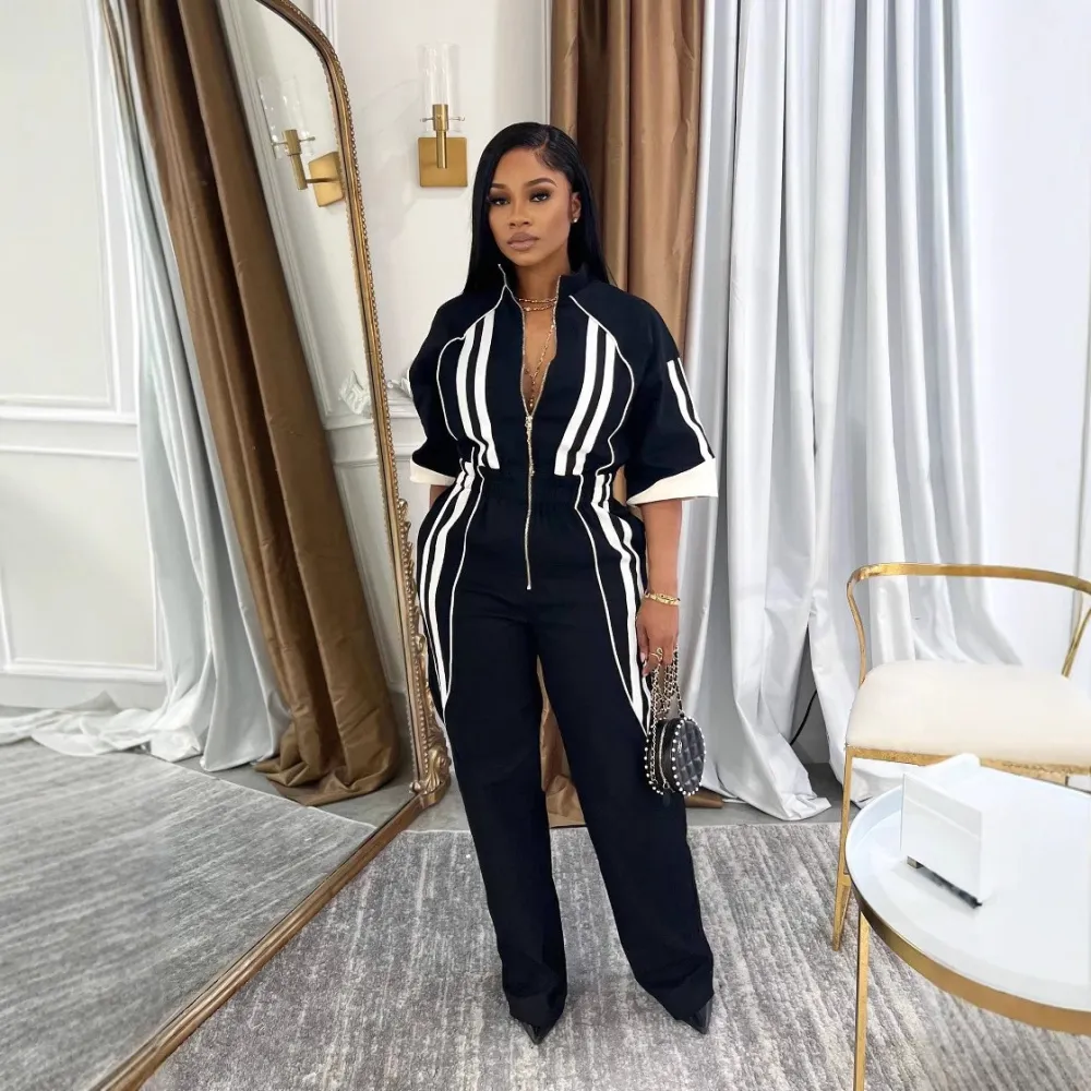 Stand Collar 7-point Sleeve Drop-shoulder Waist Long Zipper One-piece Trousers