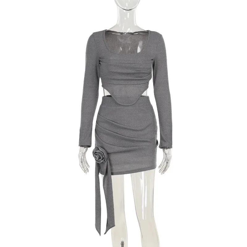 Autumn Fashion Casual Slim Three-dimensional Floral Dress Suit - Gray