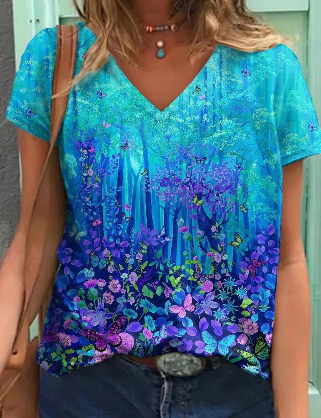 Women's Geometric Printed Short-sleeved Casual V-neck T-shirt - 3V 5Yj7U-4Xl