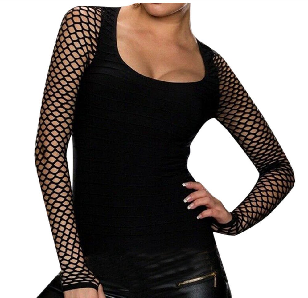 Autumn Women's Fashionable Slim-fit Round Neck Stitching Long-sleeved Mesh Sheer Top Long-sleeved Shirt